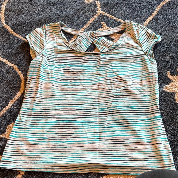 Lafayette 148 New York Striped Short Sleeve Top - Aqua and Black - Picture 2 of 5